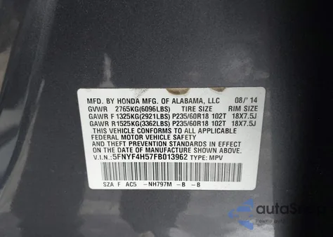 2015 Honda Pilot Ex-L from USA, damaged, VIN 5FNYF4H57FB013962